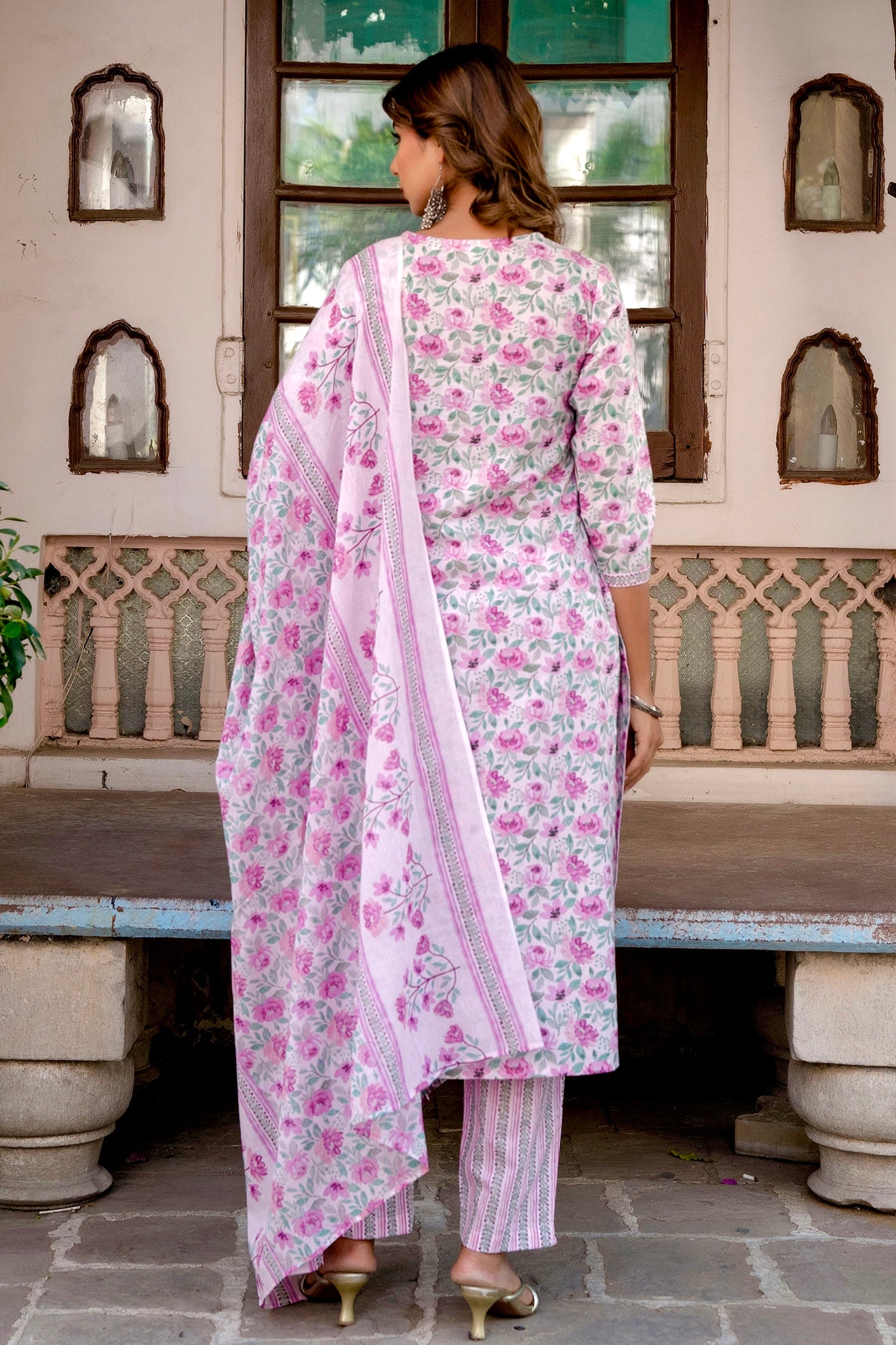Sanchi - Pink Floral Printed Yoke Design Cotton Kurta Set with Dupatta