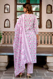 Sanchi - Pink Floral Printed Yoke Design Cotton Kurta Set with Dupatta