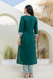 Bottle Green Solid Yoke Design Kurta Set with Trousers and Dupatta