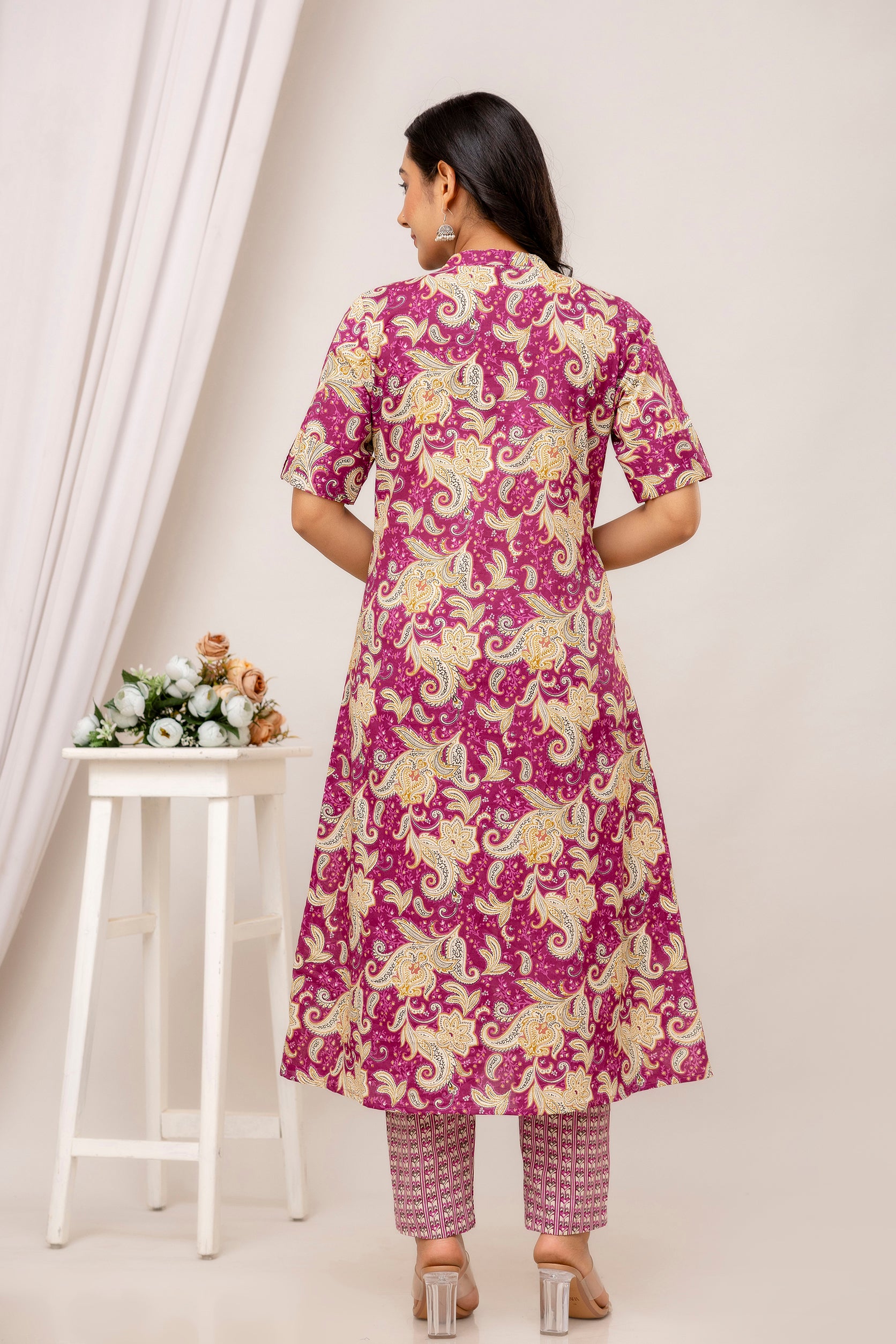 Maeve - Purple Printed Cotton A-line Kurta with Pants