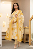 Mustard Abstract Print Cotton Kurta Set with Trousers and Dupatta