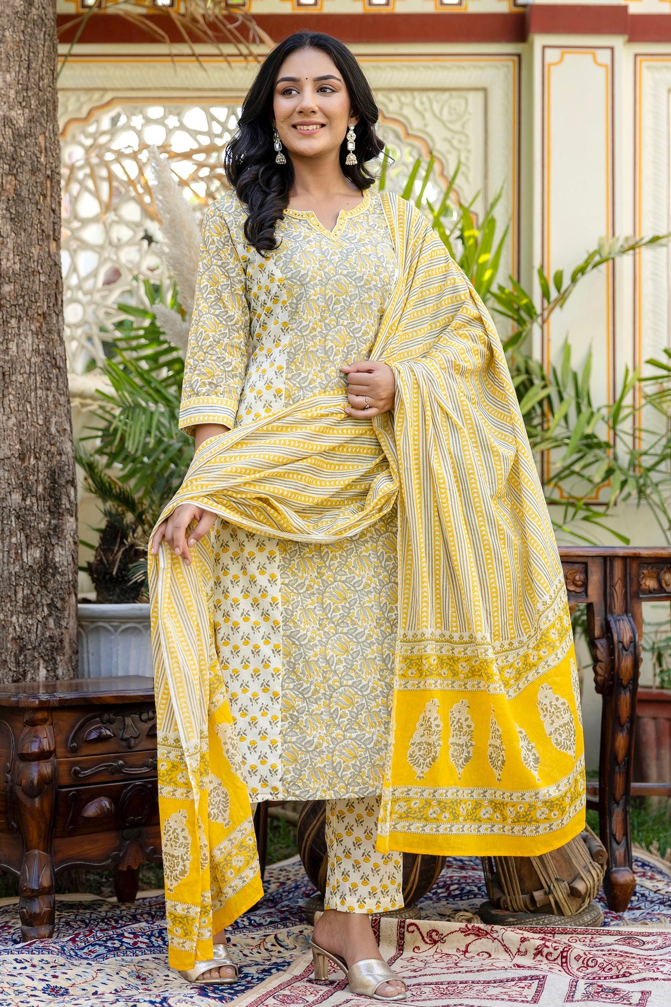 Mila - Yellow and Green Princess Cut Cotton Kurta Set with Dupatta