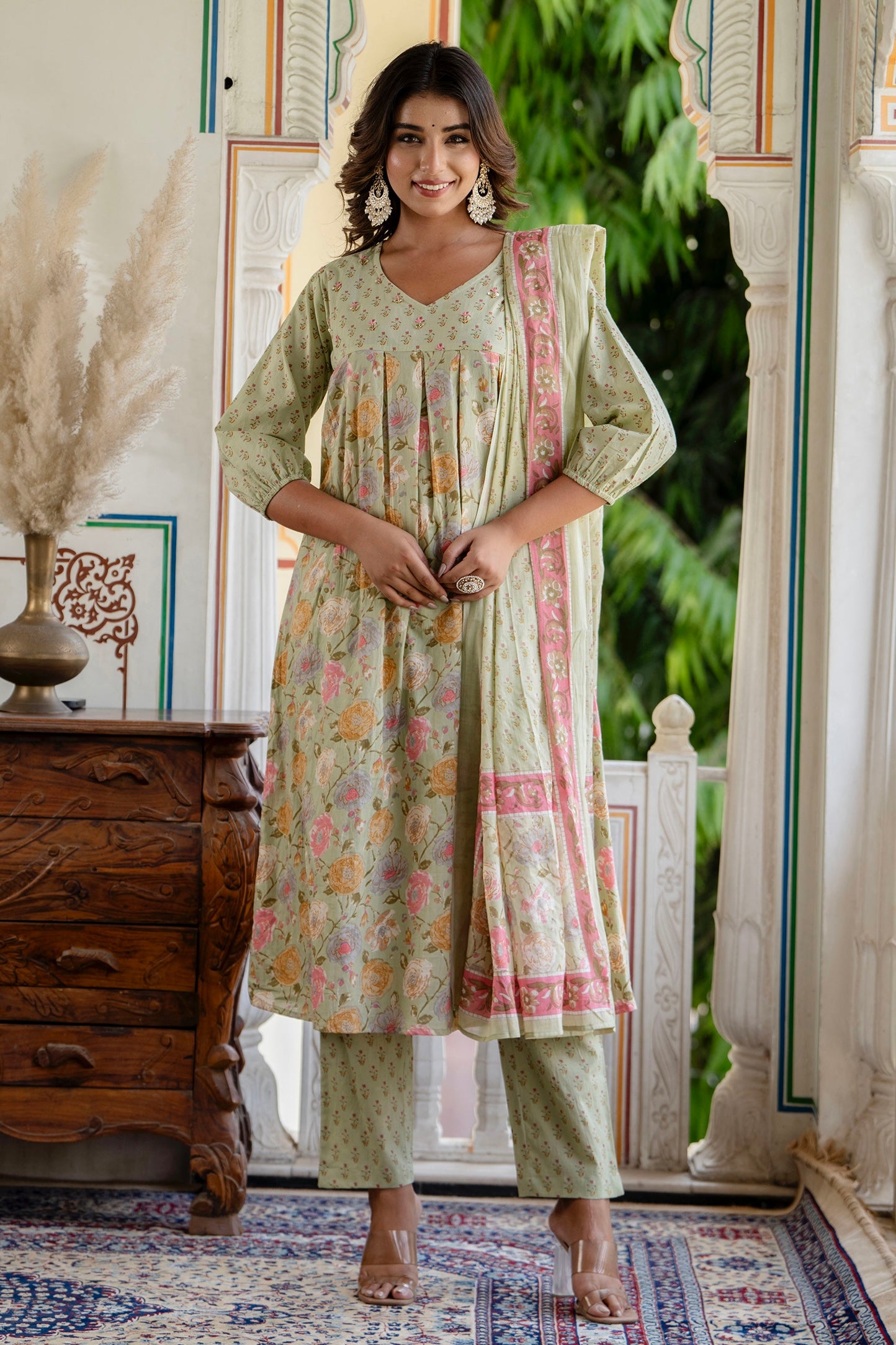 Layla - Green Pleated A-line Flared Cotton Kurta Set with Dupatta