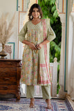 Layla - Green Pleated A-line Flared Cotton Kurta Set with Dupatta