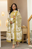 Yellow Motif Print Plackett Highlight Lined Kurta Set with Trousers and Dupatta