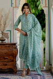 Sonia - Green Front Open Everyday Wear Cotton Kurta Set with Dupatta