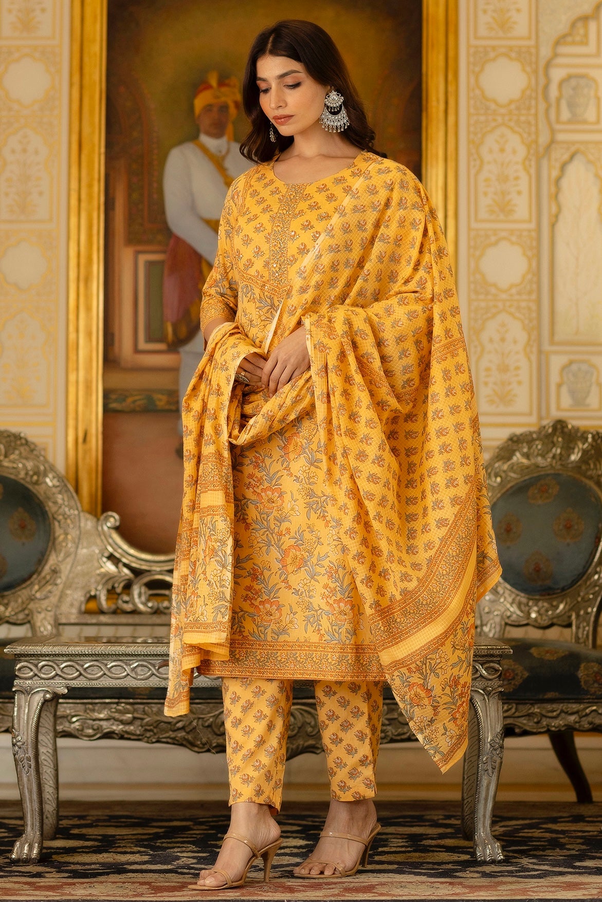 Suhani - Mustard Yellow Floral Printed Cotton Kurta Set with Dupatta