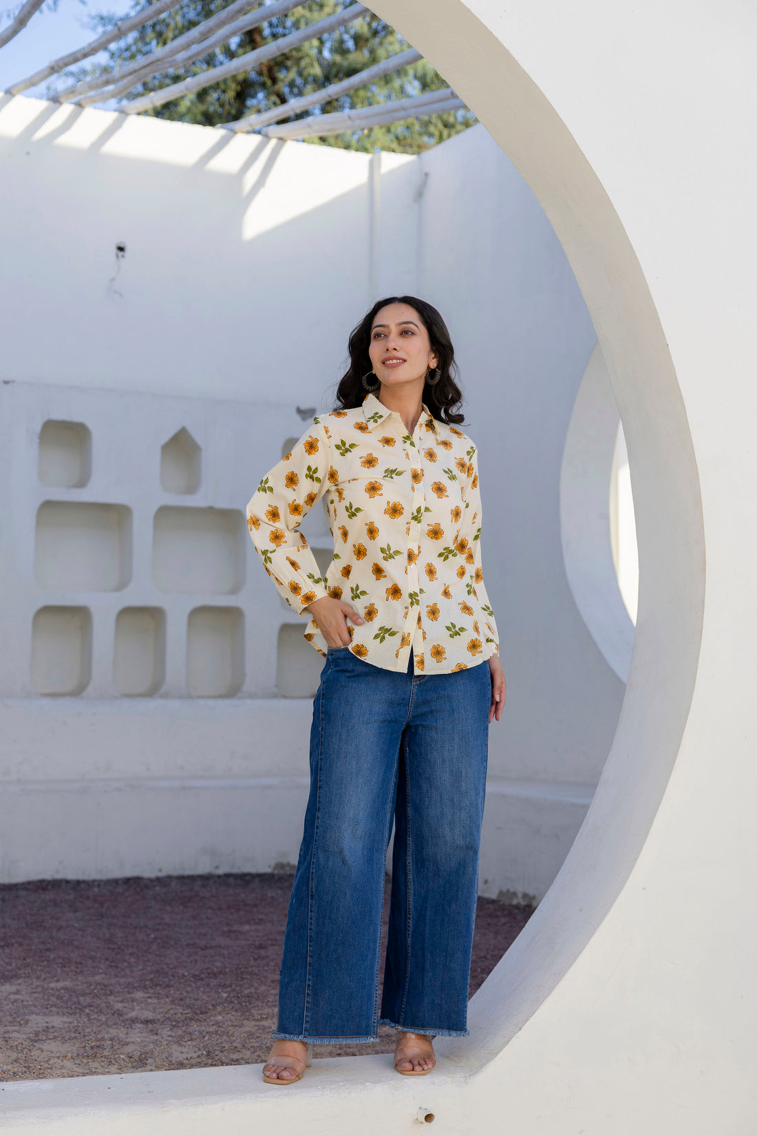 Mari - Yellow Floral Printed Cotton Shirt
