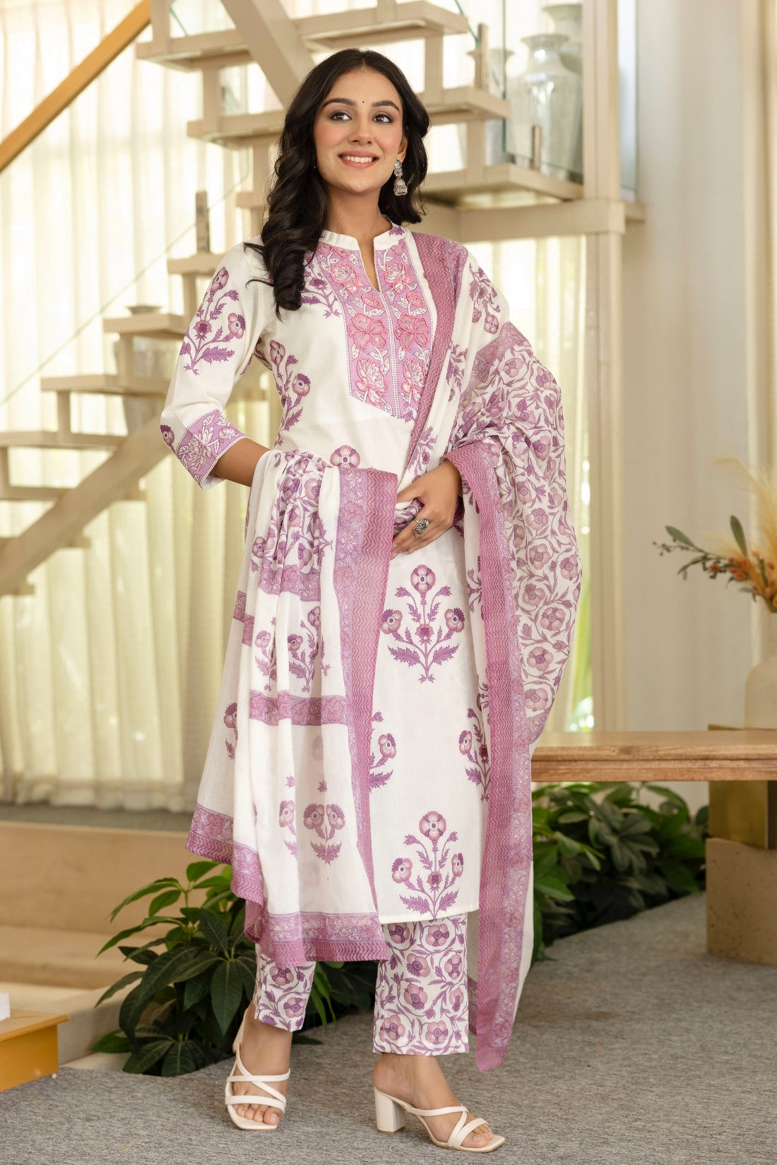 Purple Motif Print Plackett Highlight Lined Kurta Set with Trousers and Dupatta