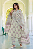 Cordelia - Green Motif Printed Yoke Design Cotton Kurta Set with Dupatta