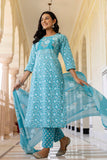 Blue Yoke Highlighted Floral Cotton Kurta Set with Trousers and Dupatta