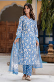 Sana - Blue Lacework Floral Printed Cotton Kurta Set with Dupatta