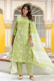 Pihu - Green Yoke Design Printed Cotton Kurta Set with Dupatta