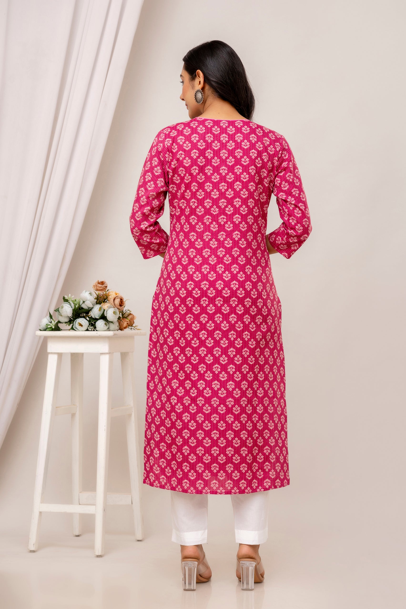 Cora - Pink Cotton Katha Printed Everyday Kurta