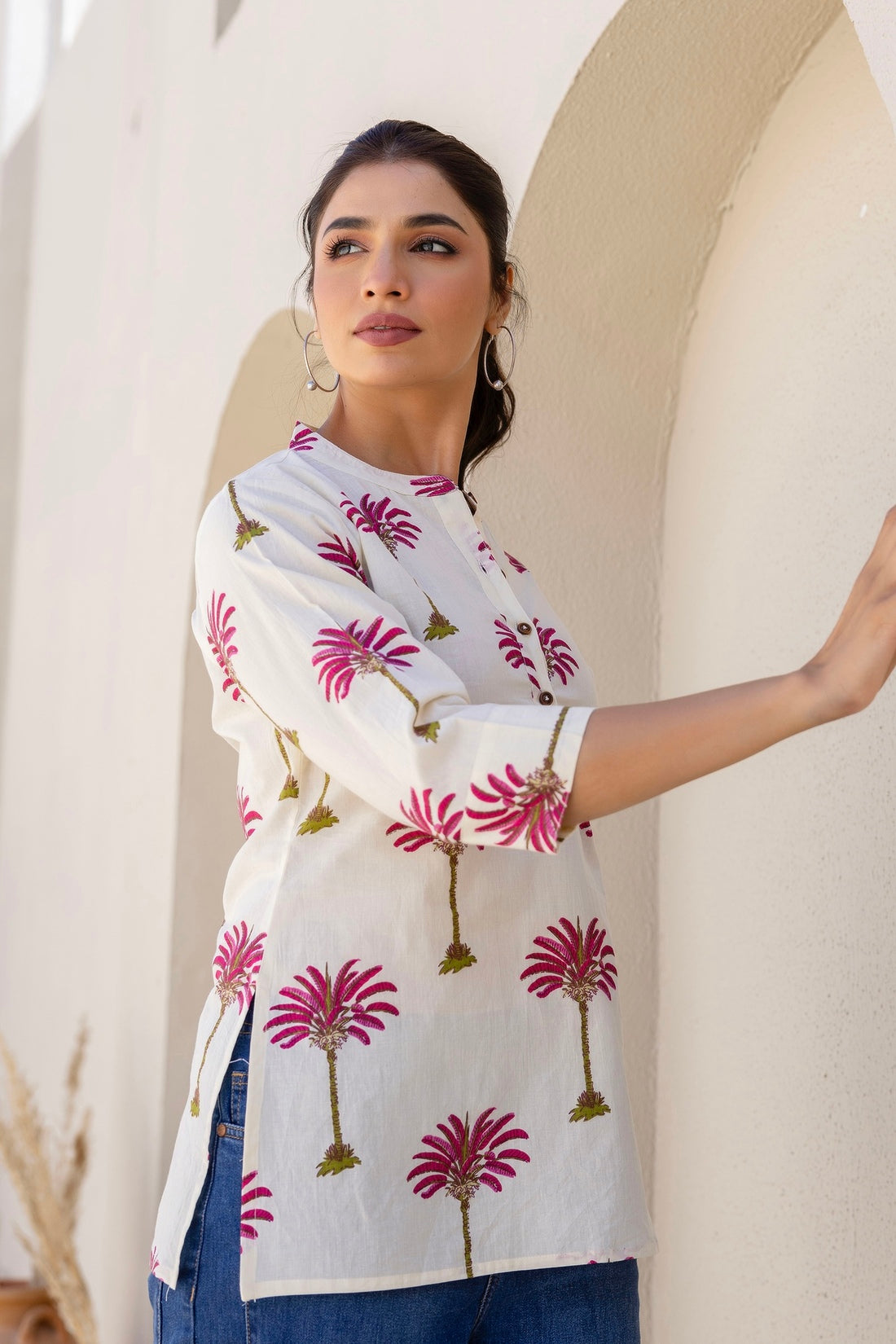 Evadyne - Cream Palm Tree Printed Cotton Short Kurti