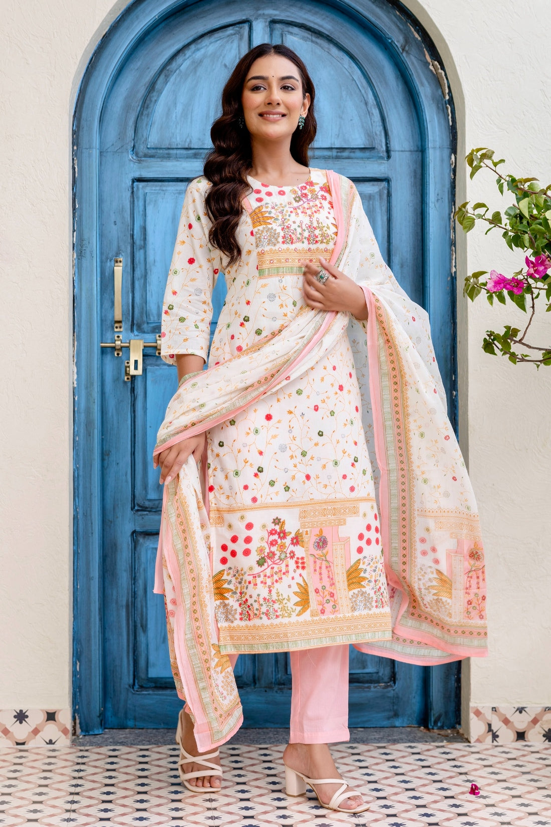 Off White and Pink Cotton Lined Kurta Set with Trousers and Dupatta