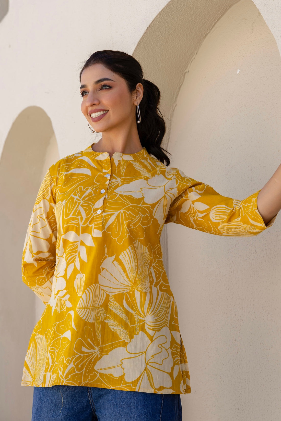 Vesper - Yellow Tropical Print Cotton Short Kurti