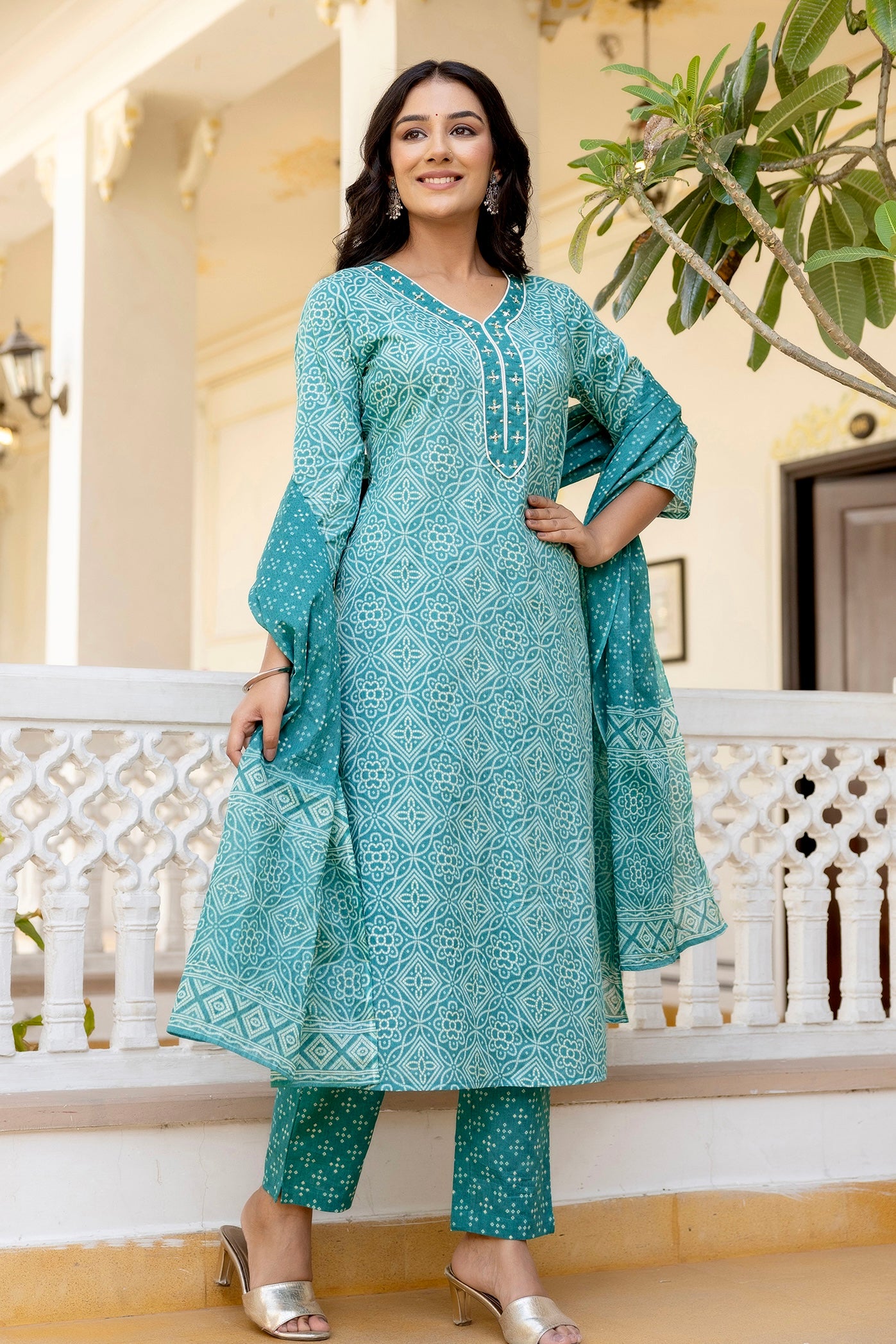 Lily - Green Bandhej Print Festive Cotton Kurta Set with Dupatta