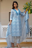 Vera - Blue and White Resham Embroidered Cotton Kurta set with Dupatta