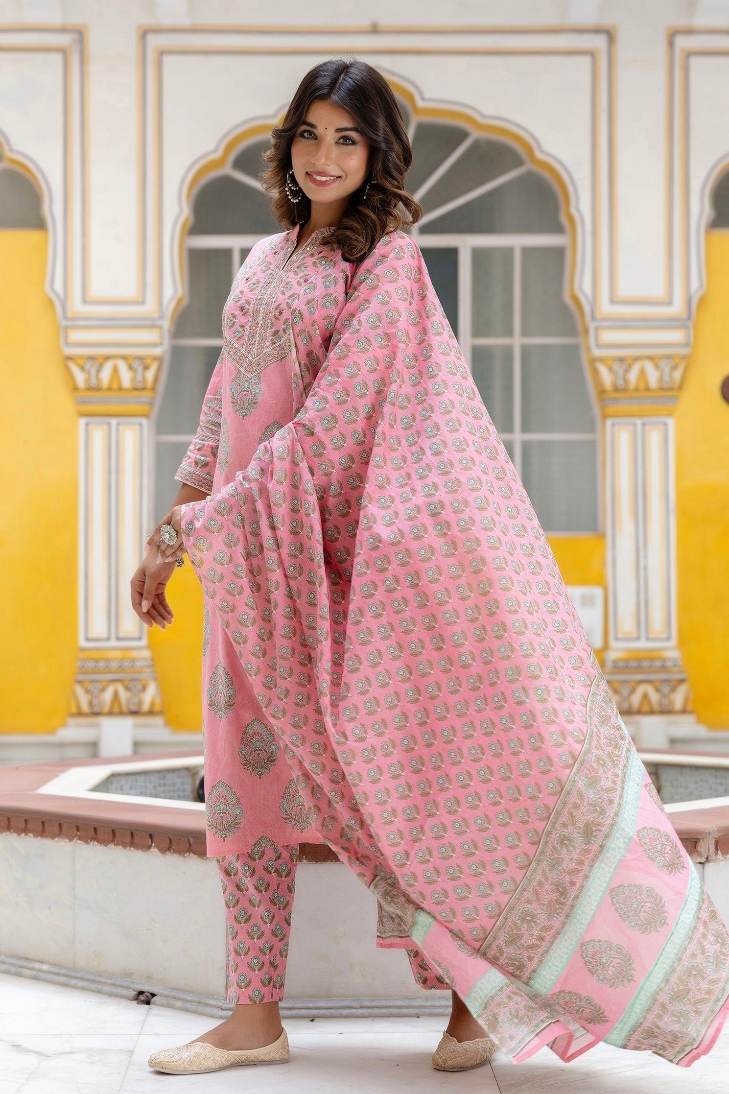 Harper - Pink Motif Printed Yoke Design Cotton Kurta Set with Dupatta