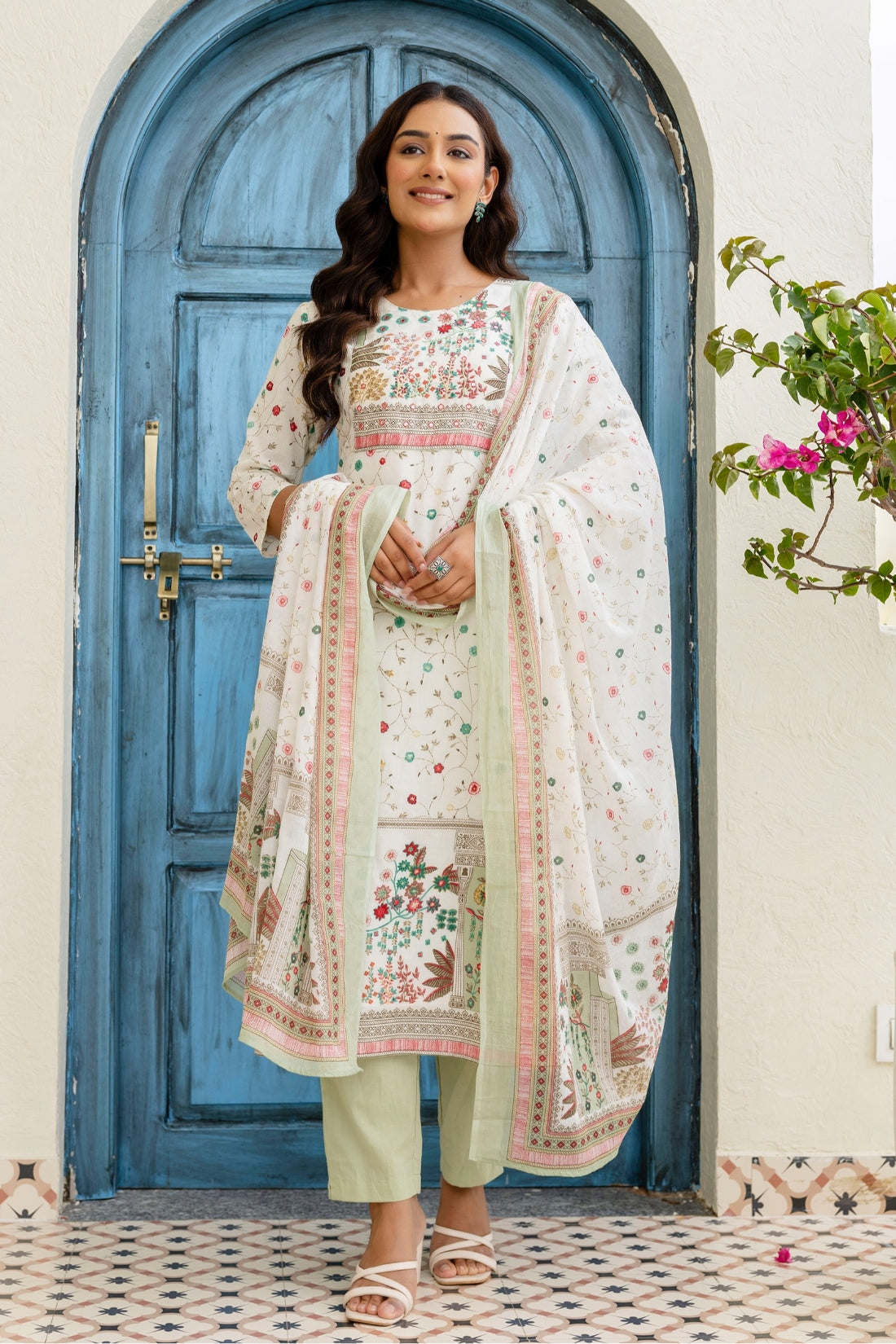 Off White and Green Cotton Lined Kurta Set with Trousers and Dupatta