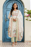 Off White and Green Cotton Lined Kurta Set with Trousers and Dupatta