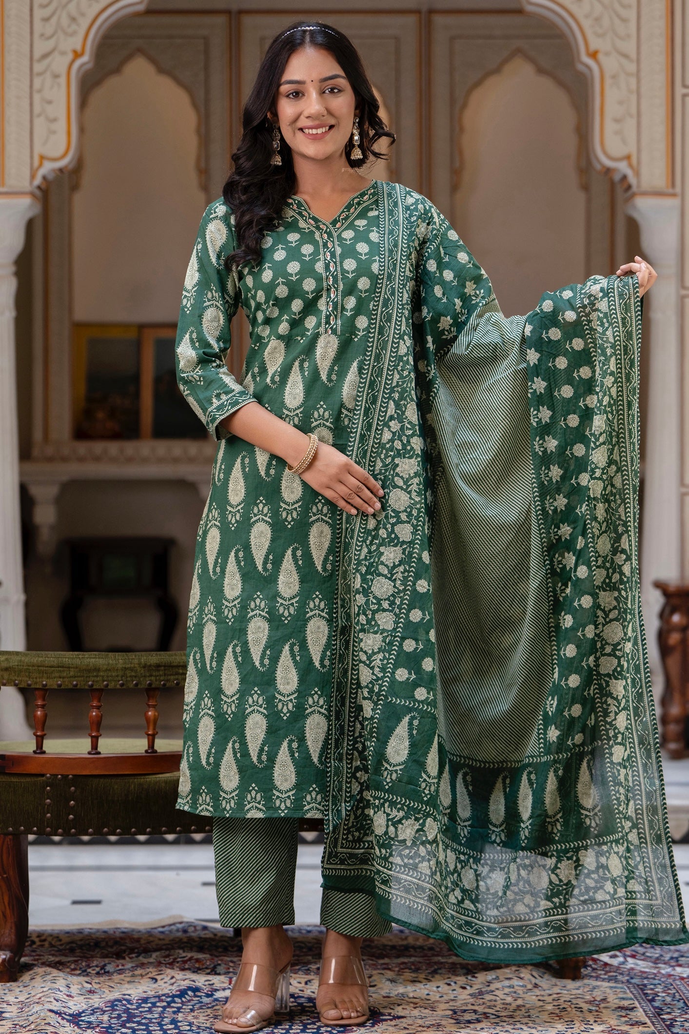 Kai - Bottle Green Ajrak Print Cotton Kurta Set with Dupatta