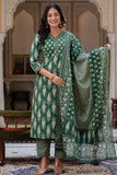 Kai - Bottle Green Ajrak Print Cotton Kurta Set with Dupatta