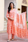 Ishanya - Peach Neck Highlights Printed Cotton Kurta Set with Dupatta