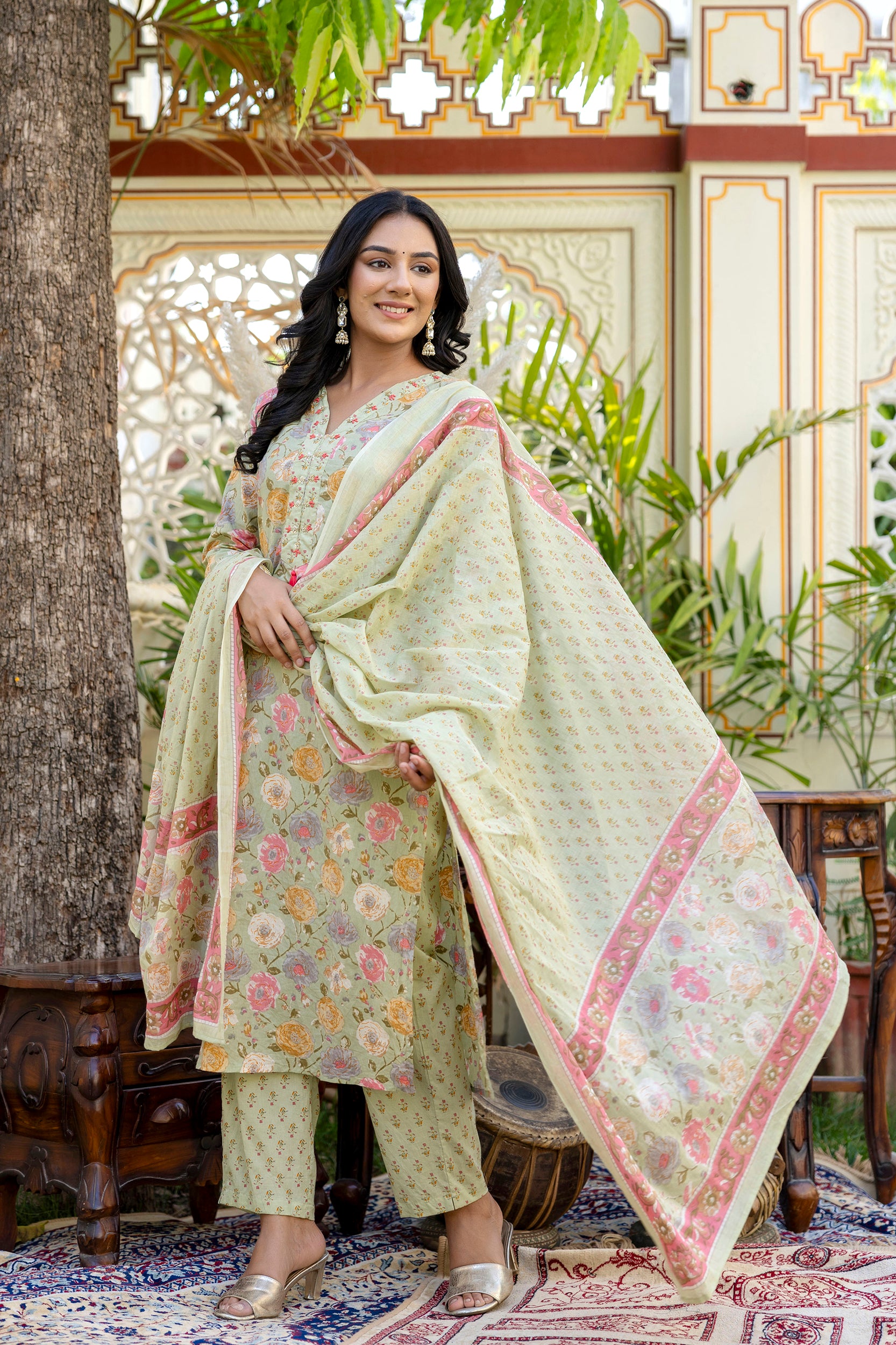 Anya - Mint Green Floral Printed Cotton Kurta Set with Dupatta