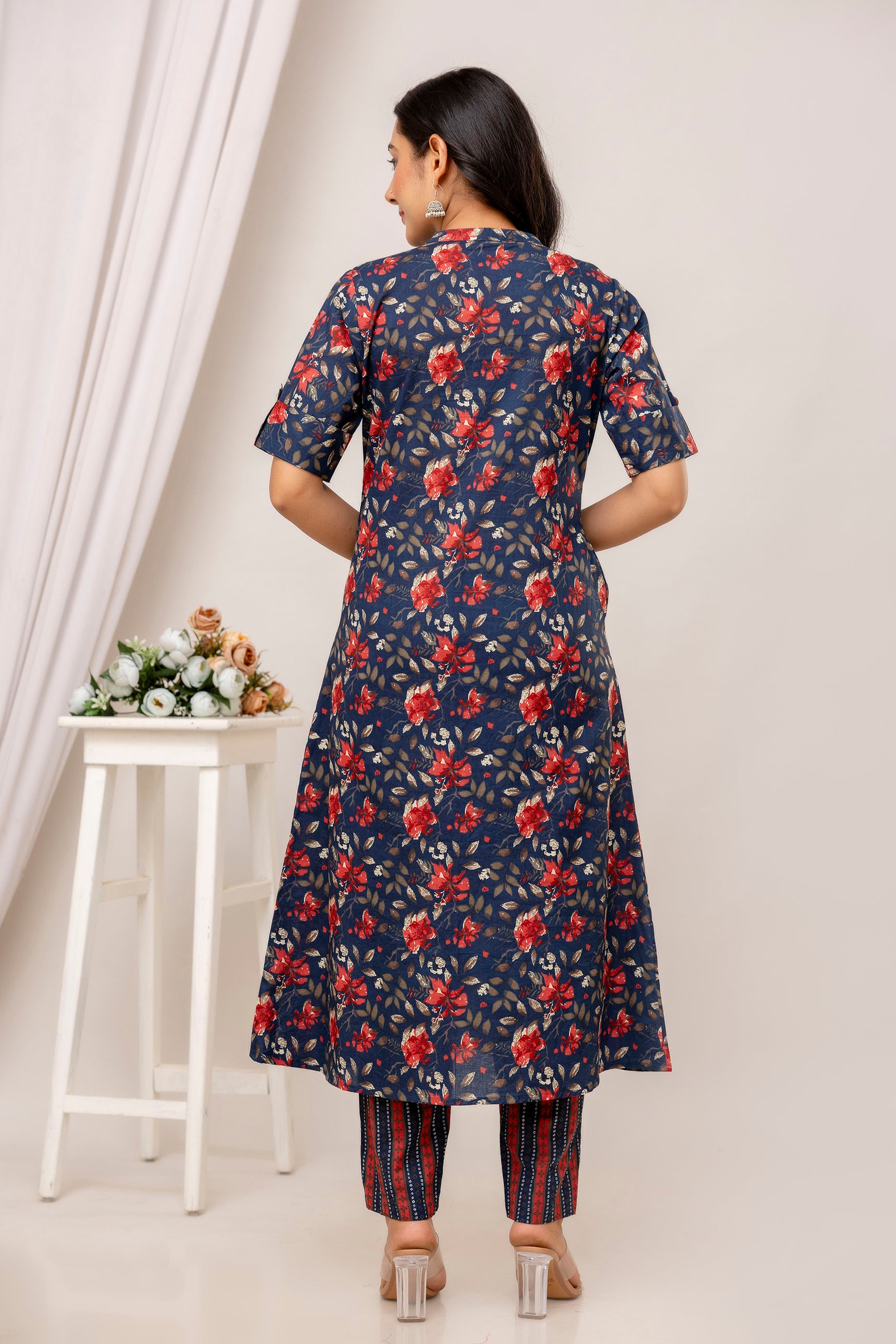Carla - Navy Blue Floral Printed A-line Kurta with Pants