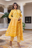 Yellow Plackett Design Cotton Kurta Set with Trousers and Dupatta