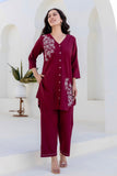 Ariadne - Burgundy Cotton Flex Solid Embroidered Coord Set