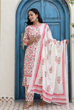 Off White and Pink Cotton Lined Kurta Set with Trousers and Dupatta