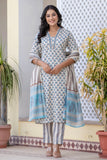 Eliana - Blue and White Collar Neck Cotton Kurta Set with Dupatta