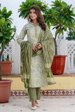 Chitra - Olive Green Mandarin Collar Cotton Kurta Set with Dupatta