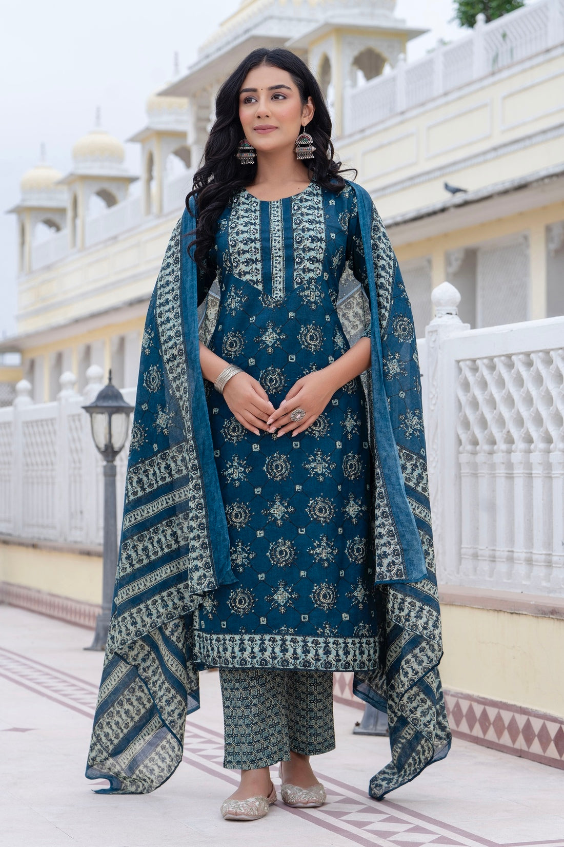 VEDA - Deep Blue Yoke Design Kurta Set with Trouser and Dupatta