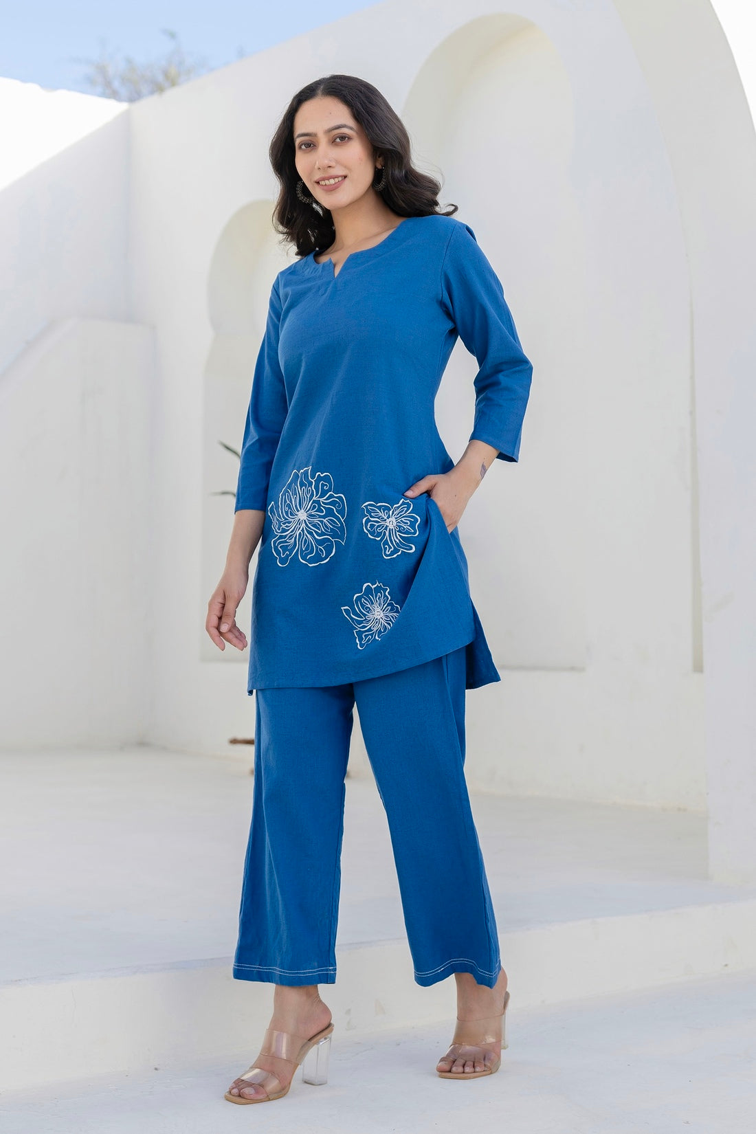 Lyra - Blue Cotton Flex Solid Embroidered Coord Set