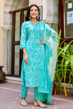 Alina - Sea Green Floral Printed Cotton Kurta Set with Dupatta