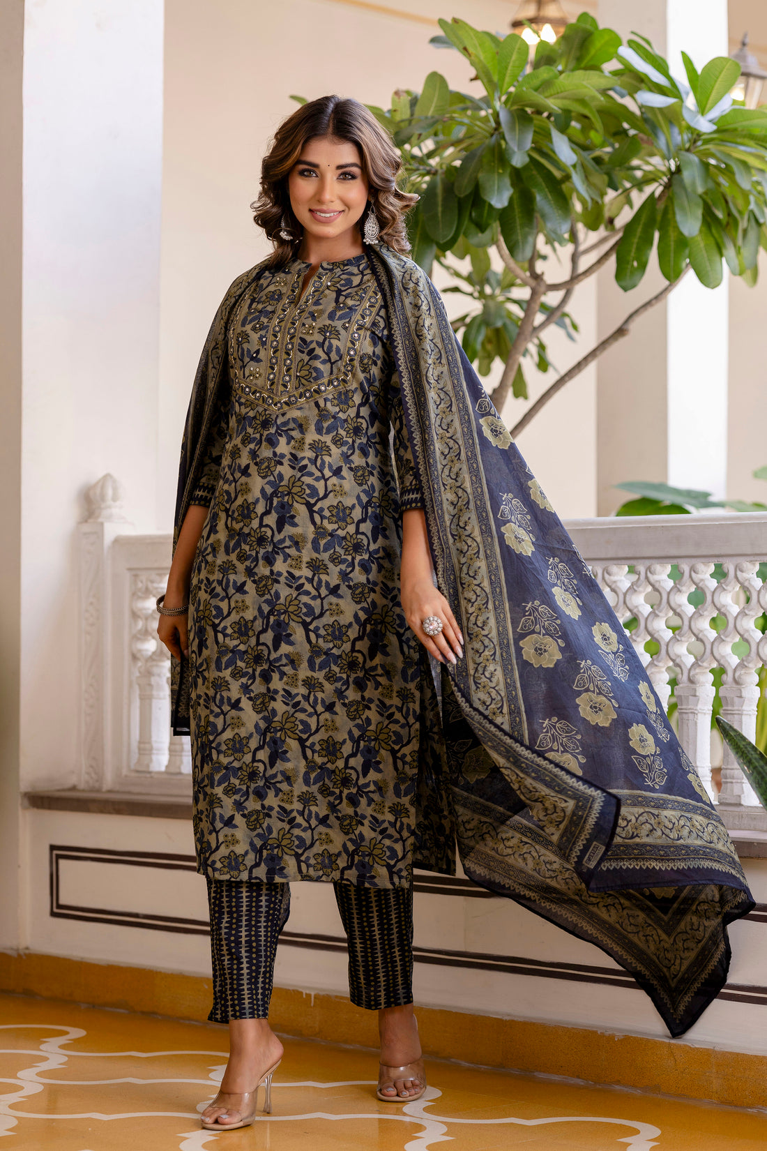 DIVYA - Green and Blue Printed Cotton Kurta Set with Trouser and Dupatta