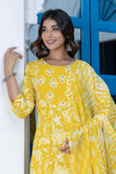 Jaya - Yellow Yoke Design Printed Cotton Kurta Set with Dupatta