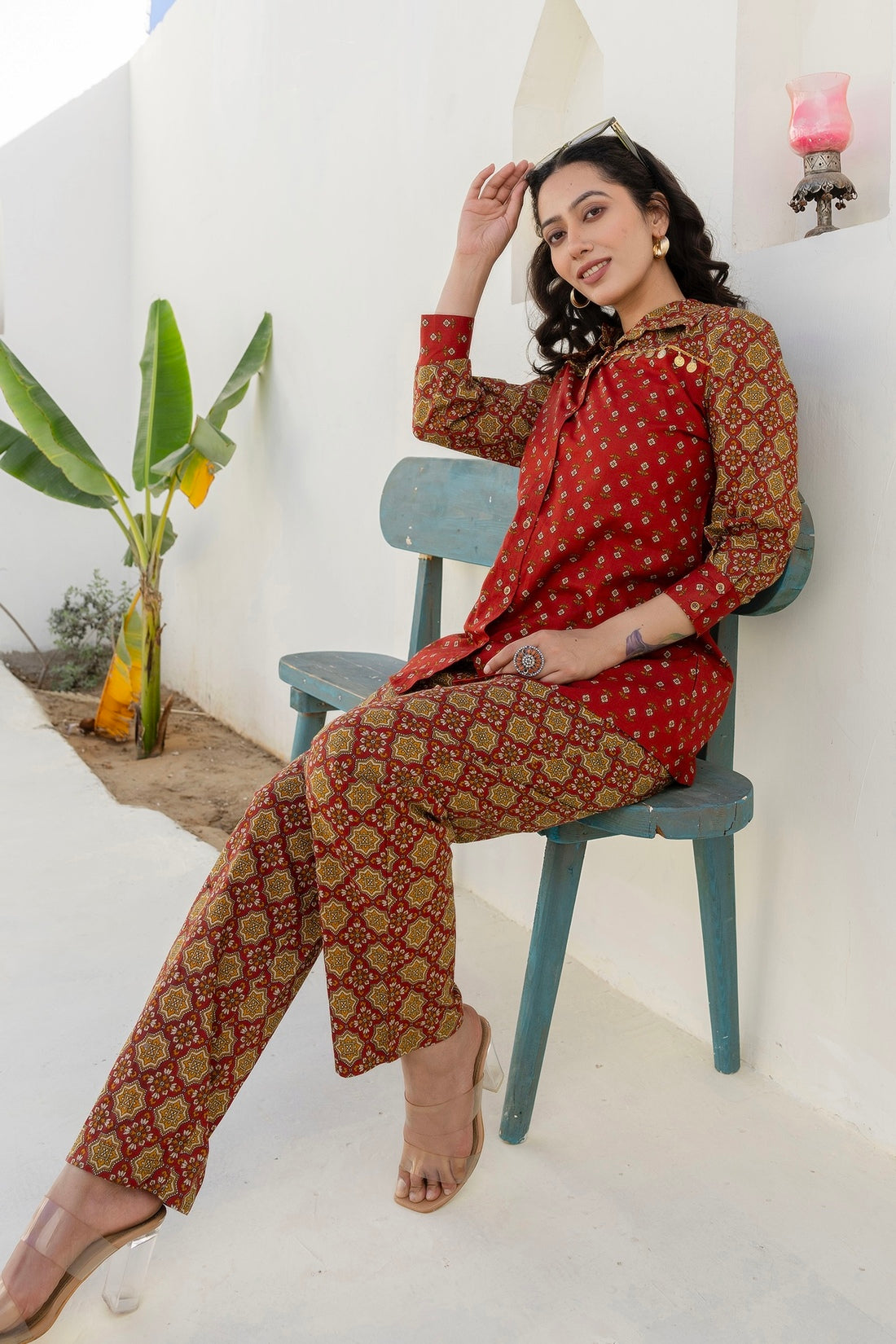 Meira - Rust Embellished Shirt with Contrast Pants Coord Set