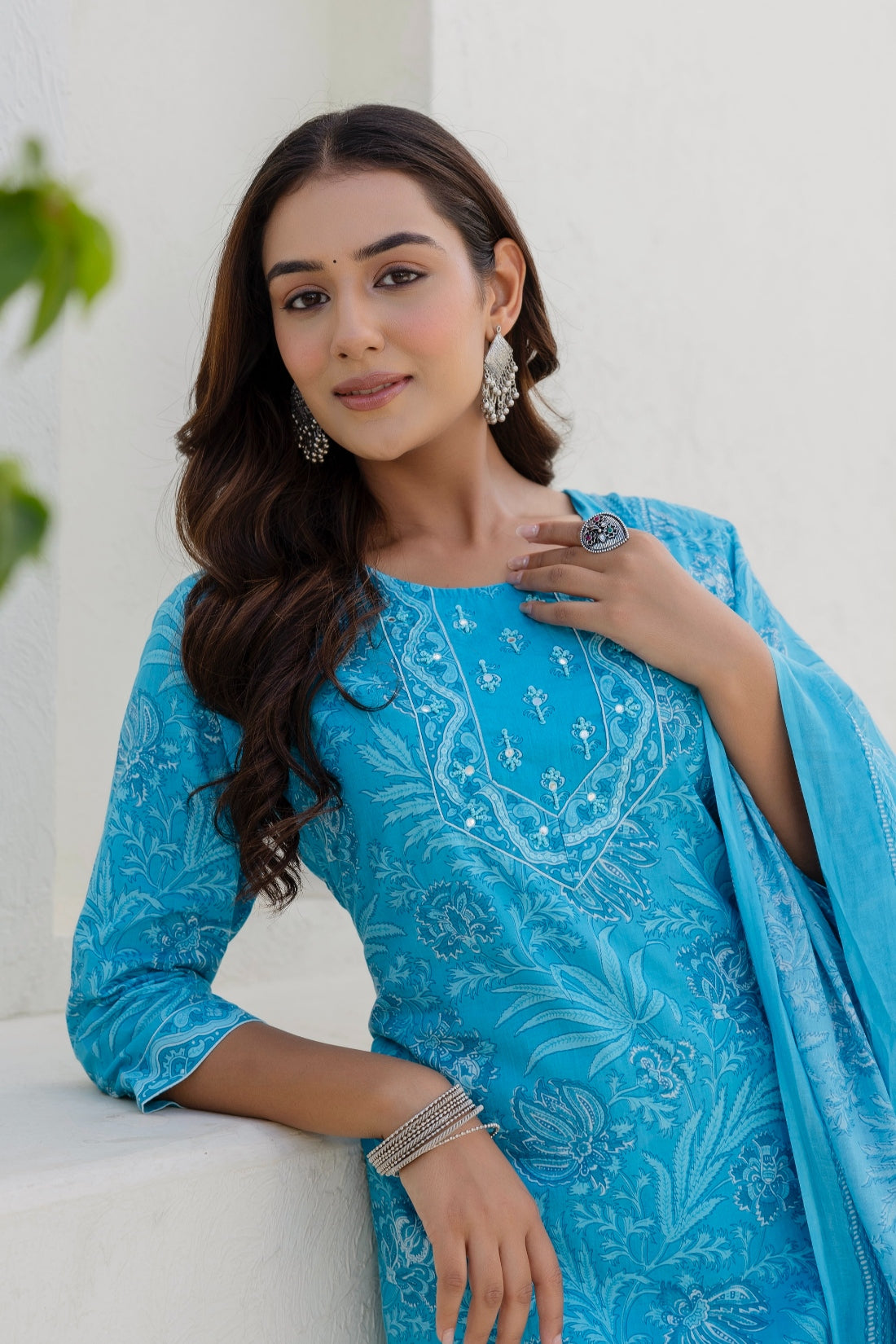 Sky Blue Floral Printed Cotton Kurta Set with Trousers and Dupatta