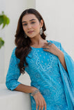 Sky Blue Floral Printed Cotton Kurta Set with Trousers and Dupatta