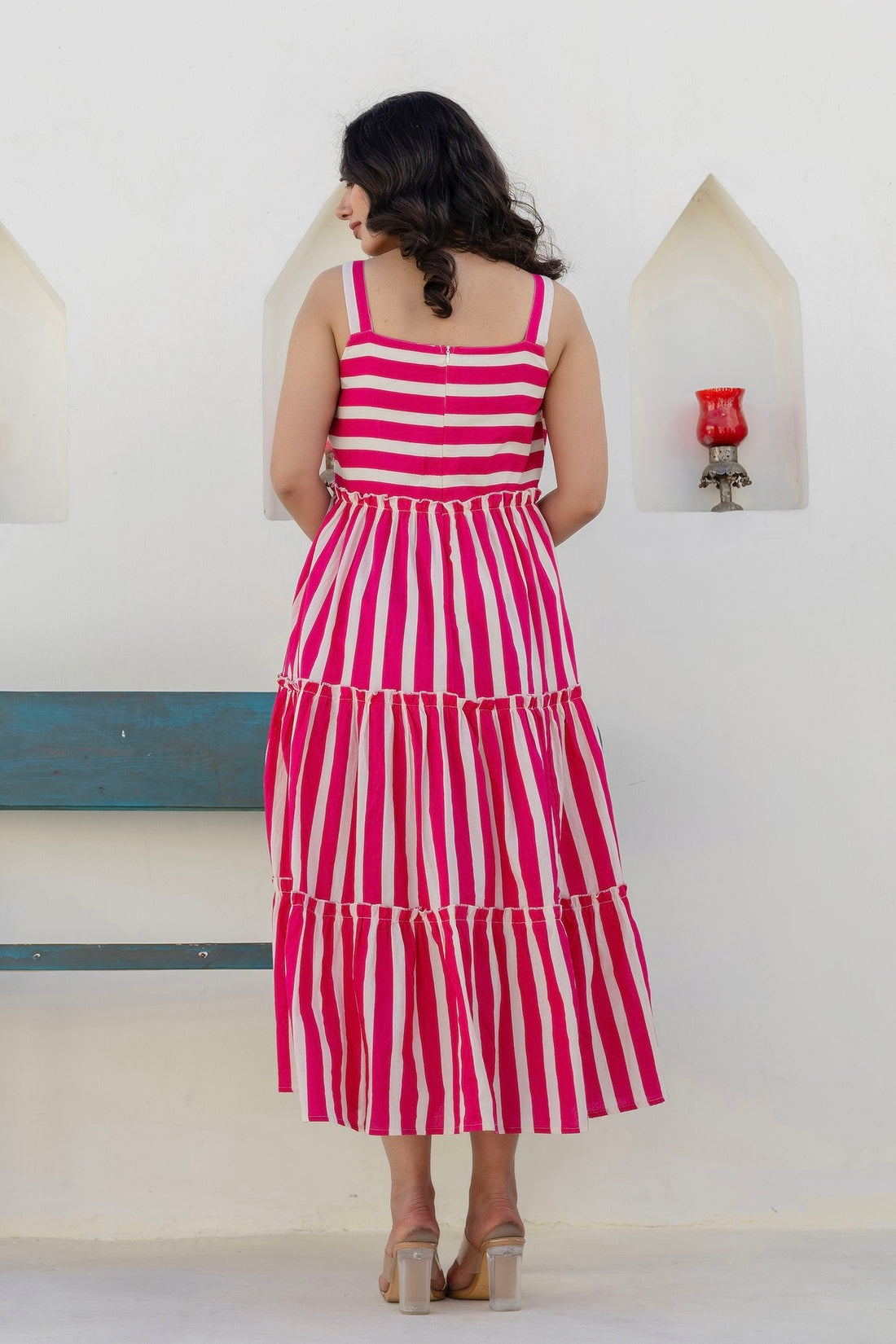 Soleil - Pink and White Striped Cotton Tiered Midi Dress