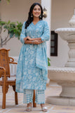 Aruna - Blue Embroidery Neckline Straight Cotton Kurta with Palazzo and Dupatta