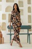 Sarina - Brown Floral Printed Lace Detail Kurti with Wide Pants Coord Set
