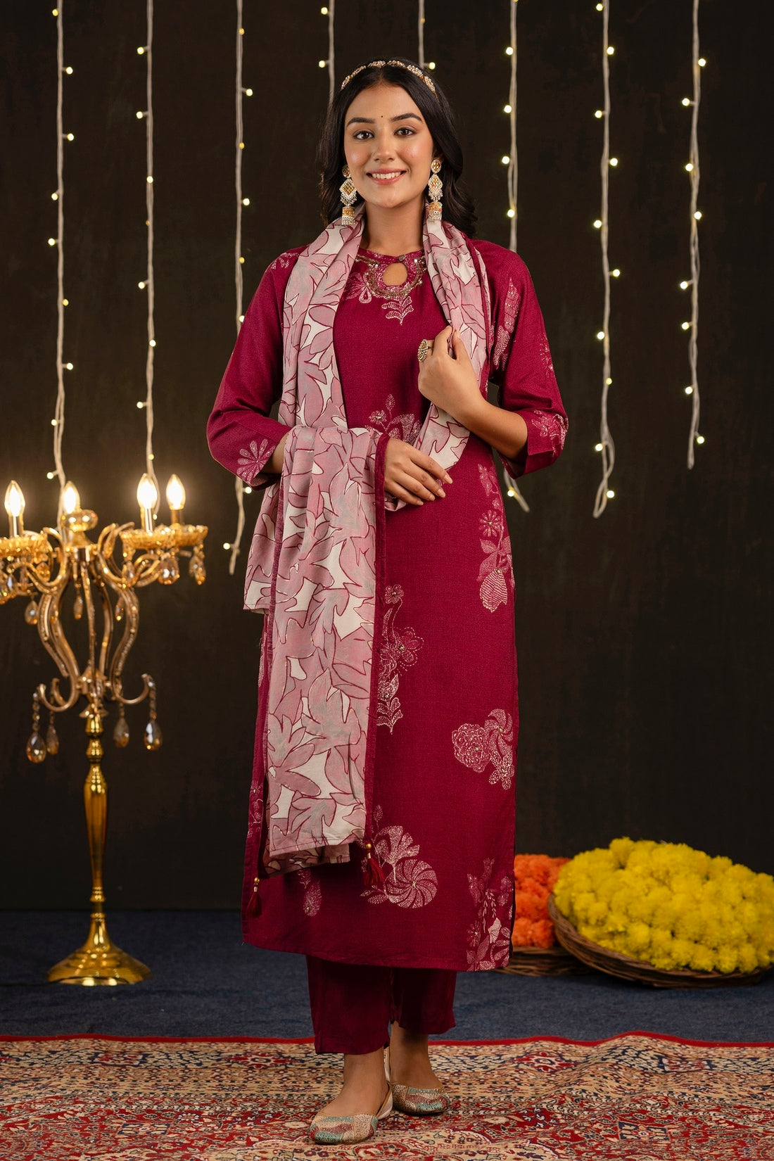 Vaani - Maroon Printed Festive Silk Kurta Set with Dupatta