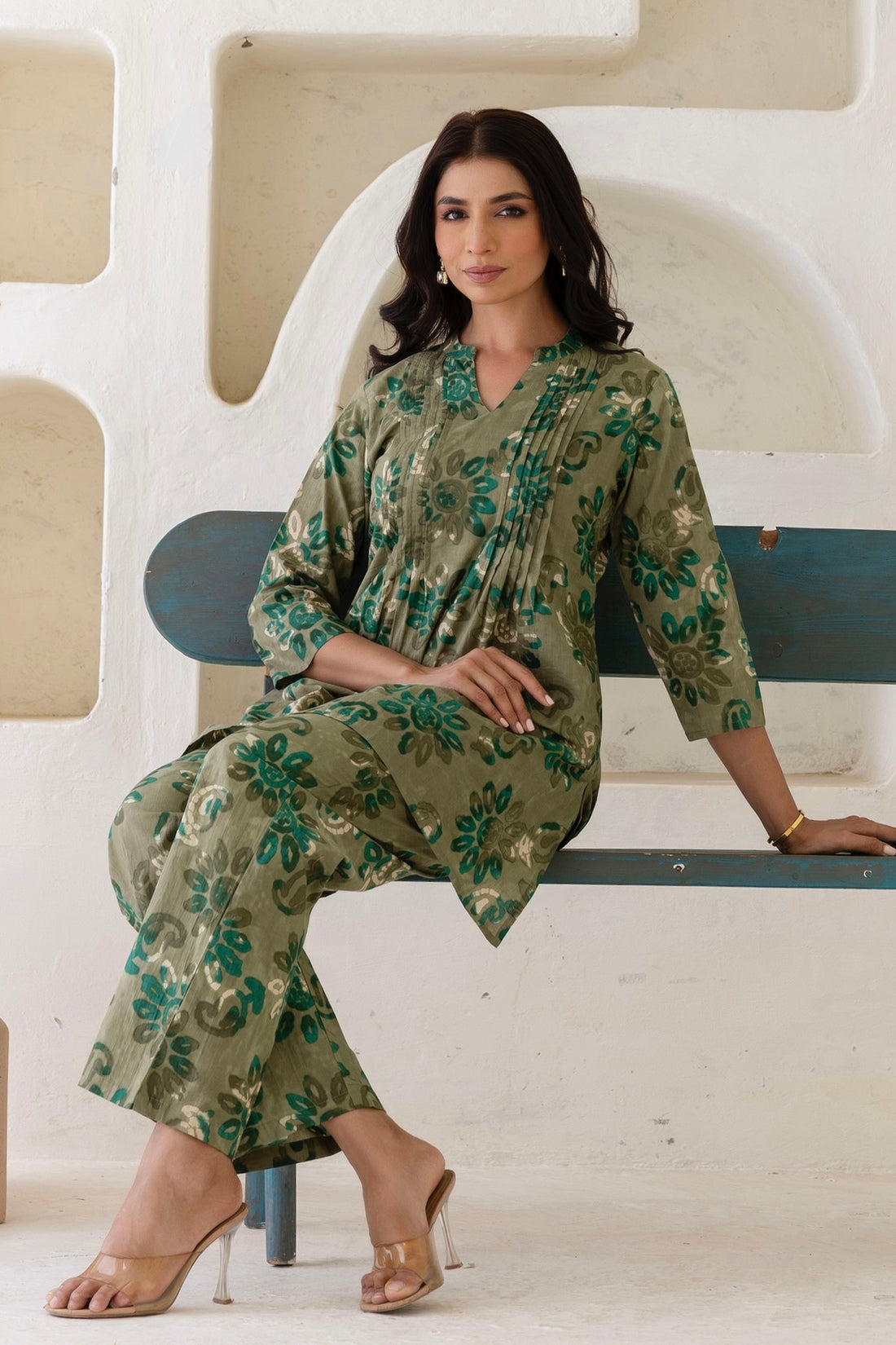 Safina - Green Pintucks Details Kurti with Wide Pants Coord Set