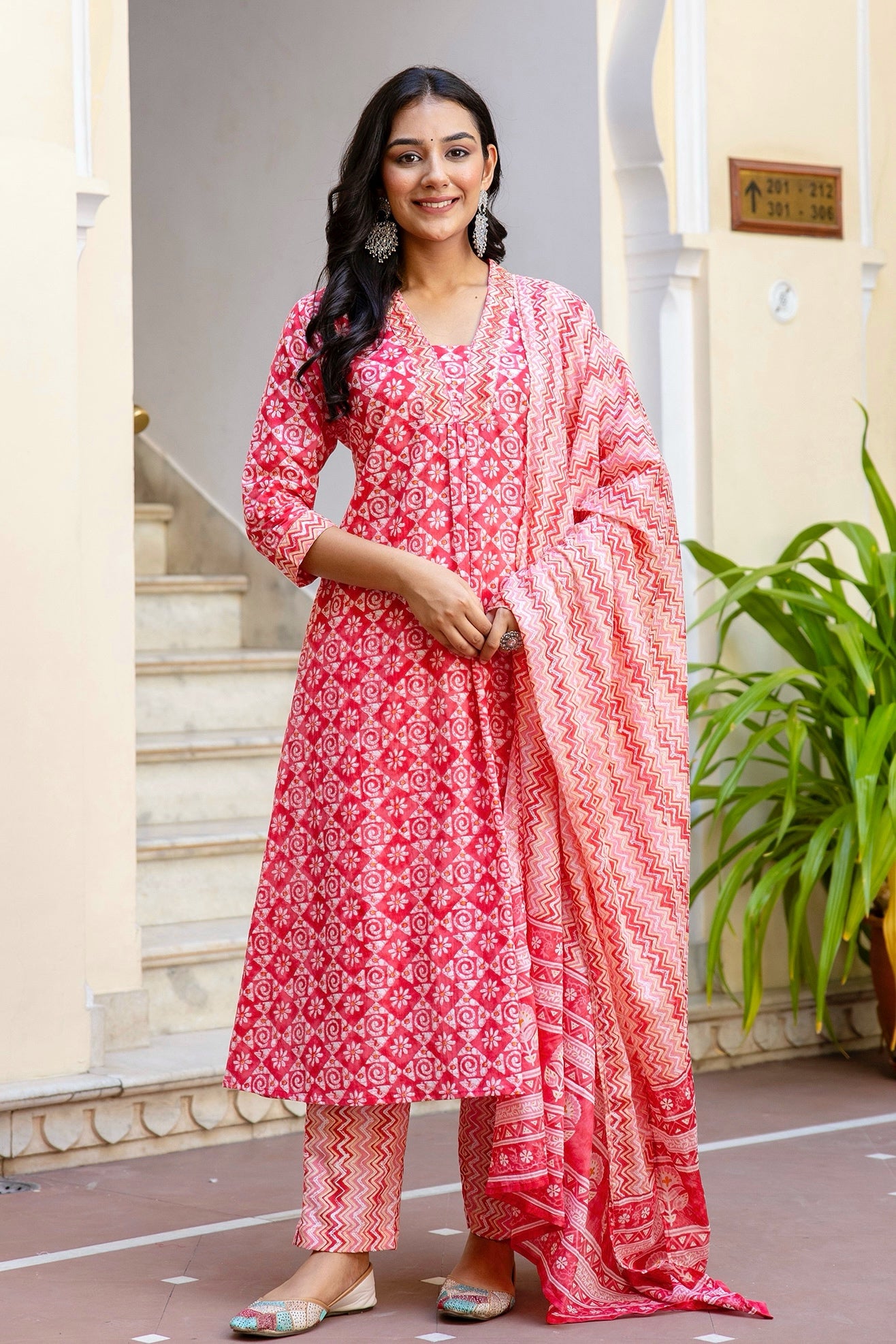 Sejal - Pink Ethnic Printed Front Pleated A-line Cotton Kurta Set with Dupatta